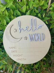 Close-up of wooden newborn birth announcement plaque with hello world and details.