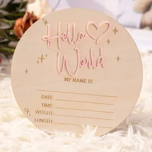 Wooden newborn milestone announcement card round birth stat sign with pink 3ds acrylic text.