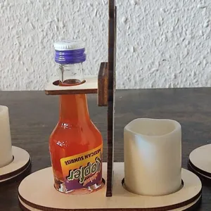 Wooden candle holder table centerpiece with bottle and candle slots for home decor and party use.