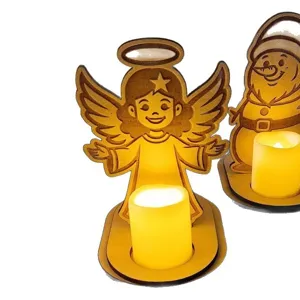 Wooden angel and snowman candle holders with LED lights, perfect for Christmas table decor.
