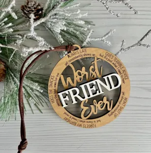 Wooden Christmas ornament hanging decor with funny quotes and 3D lettering design for friends.