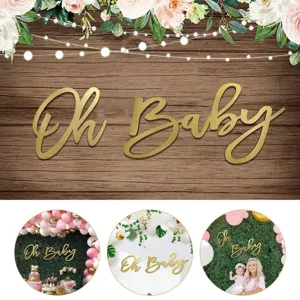 Scritta Oh Baby in legno dorato per feste di baby shower oggetti di scena e decorazioni.