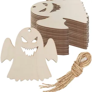 Halloween wooden ghost hanging ornaments DIY party crafts blank wood slices with natural twine