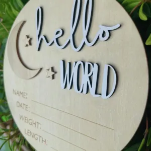 Wooden newborn baby announcement sign with moon and stars, engraved birth stats photo prop.