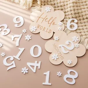Wooden baby milestone photo props set with flower cards and white numbers for monthly.