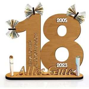 Wooden 18th birthday money gift holder, unique wooden number 18 plaque decoration for party cash present.