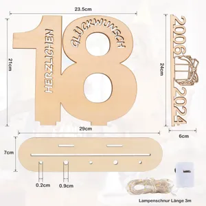 Hölzernes 18. Geburtstag Deko Schild mit LED Lichterkette und Sockel für Party Feier.