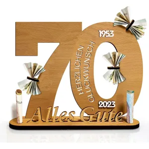 Wooden 70th birthday money gift card holder, creative cash display stand for celebration decor.