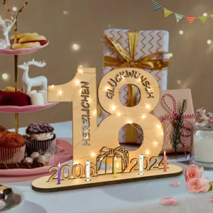 Hölzernes 18. Geburtstag Deko Schild mit LED Lichterkette, perfekte Tischdeko Party Geschenk.
