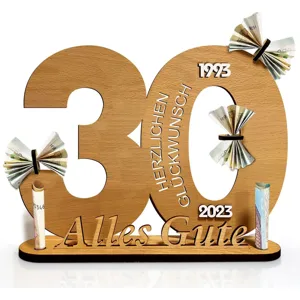 Wooden 30th birthday money gift stand detail, laser cut wooden number 30 with german greetings.