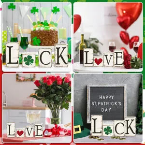 Holzblock Dekoration Set fuer Valentinstag und St. Patrick's Day Tischdekoration.