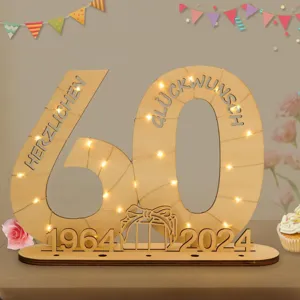 Hölzerne 60. Geburtstag Tischnummer Dekoration mit LED Lichterkette und gravierten Festwünschen Schild.