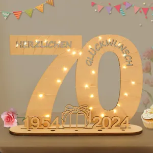 Hölzernes 70. Geburtstag LED Nummer Schild Deko Tischaufsatz Geschenk für Party