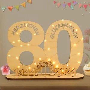 Hölzerne 80 Geburtstag Zahl LED Schild Dekoration Tisch Ornament mit 1944 und 2024 Geschenk