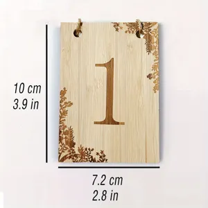 Wooden wedding table number card with floral engraving, 10x7.2cm seating sign for party.