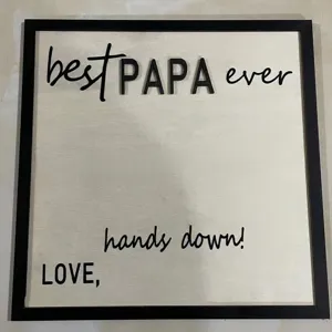 Wooden Father's Day handprint sign detail, DIY wooden plaque gift with frame for best dad ever.