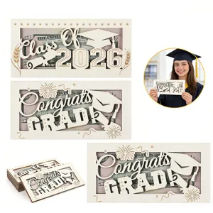 Wooden graduation money holder detail view, class of 2026 cash gift wallet for party decor.