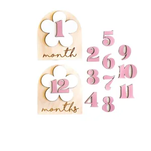 Wooden baby monthly milestone cards set, floral design newborn photography props decor.