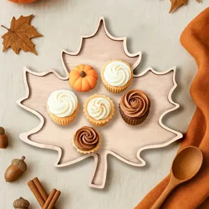 Creative maple leaf wooden tray for dessert serving and home party decoration in autumn.