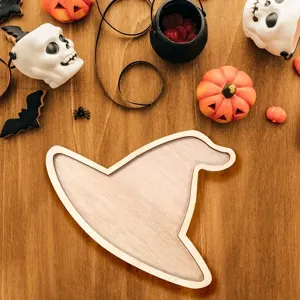 Wooden witch hat shaped serving tray, perfect for Halloween party decoration and snack display.