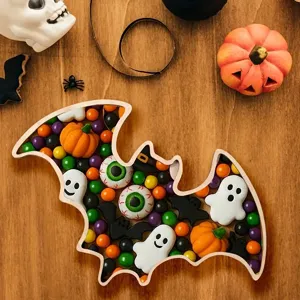 Halloween bat wooden tray, creative holiday party snack plate, desktop decor dessert holder.
