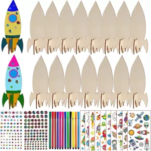 DIY wooden rocket assembly craft set with colored pens and space stickers for kids.