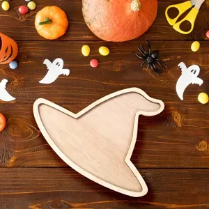 Creative wooden tray in witch hat shape, solid wood material for party and home decor.