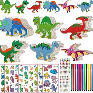 Kids DIY dinosaur craft kit with wooden models, stickers, and colorful markers set.