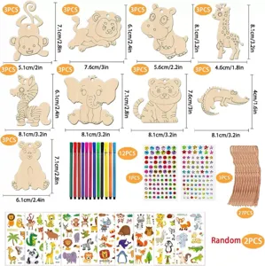 Kids DIY wooden animal craft painting set with colorful pens and rhinestone stickers.