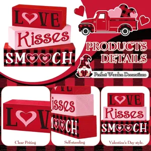 Ensemble de decor de bloc en bois de Saint Valentin avec plateau et camion de fete.