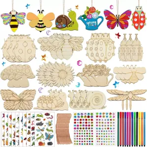 Kids DIY wooden craft painting kit with insect shapes, markers, stickers, and hanging ropes.