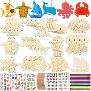 Ocean themed DIY wooden crafts set with marine animal cutouts, stickers and pens for kids.