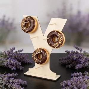 Wooden donut display stand detail view, natural wood dessert holder for party wedding deco