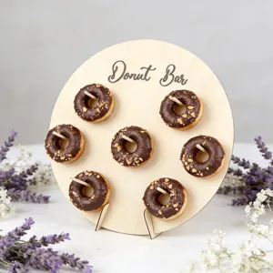 Wooden donut display stand detail, rustic wedding party dessert table decoration prop.