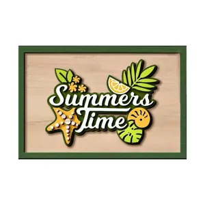 Summer wooden door hanger detail, beach theme plaque with starfish and tropical leaves decor.