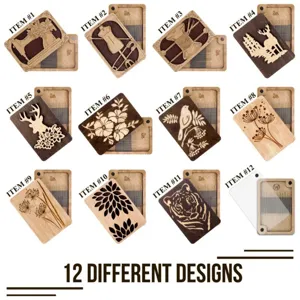 Wooden needle case sewing organizer set with magnetic closure and twelve unique engraved designs.