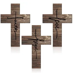 Set of 3 wooden wall crosses with faith hope love text, rustic brown hanging decor for home.