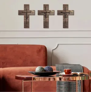 Wooden wall cross decor set of 3 rustic faith hope love hanging plaque for living room