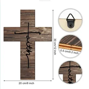 Wooden cross wall hanging with faith text and dimension specs, 30x20cm decor piece.
