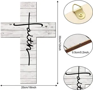 Wooden cross wall hanging with faith lettering, rustic home decor 30x20cm with hook.