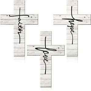 3-piece wooden wall cross decor featuring faith hope love words, rustic white finish.