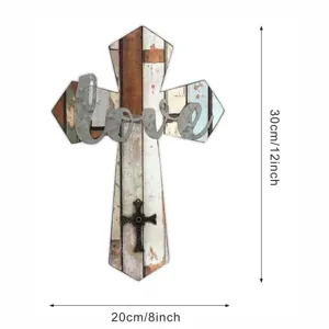 Wooden cross wall hanging with love text, rustic brown vintage home decor piece