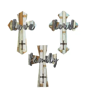 Rustic wooden wall crosses set of 3 with metal cutout love lord family words for home decor.