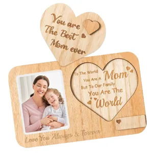 Wooden engraved photo frame with heartfelt Mother's Day messages and picture display slot.