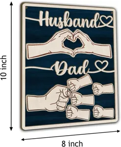 Wooden family handprint sign for Father's Day, detailed view showing husband and dad design.