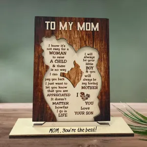 Wooden mom plaque gift with heart cutout and engraved heartfelt messages for mother's day.