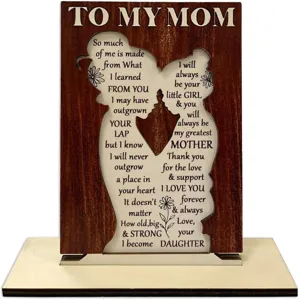 Wooden Mother's Day plaque gift with heartfelt engraved message and silhouette design.