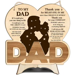 Father's Day wooden plaque gift, heart-shaped dad sign with stand and heartfelt message.