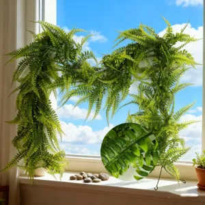 Artificial Boston fern hanging vine detail view showing realistic leaf texture and decor.