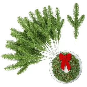 Artificial pine needles for Christmas wreath decoration, realistic green plastic plant branches.